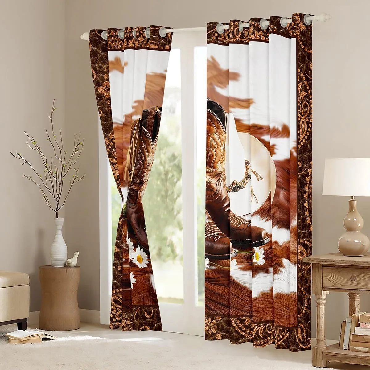 Manfei Western Cowboy Window Curtains Cowboy Boots Hat Window Treatments, Abstract Cowhide Print Window Drapes for Kids Boys Room Decor Grommet Top 2 Panel Set Bedroom Curtains, 52Wx84L inch