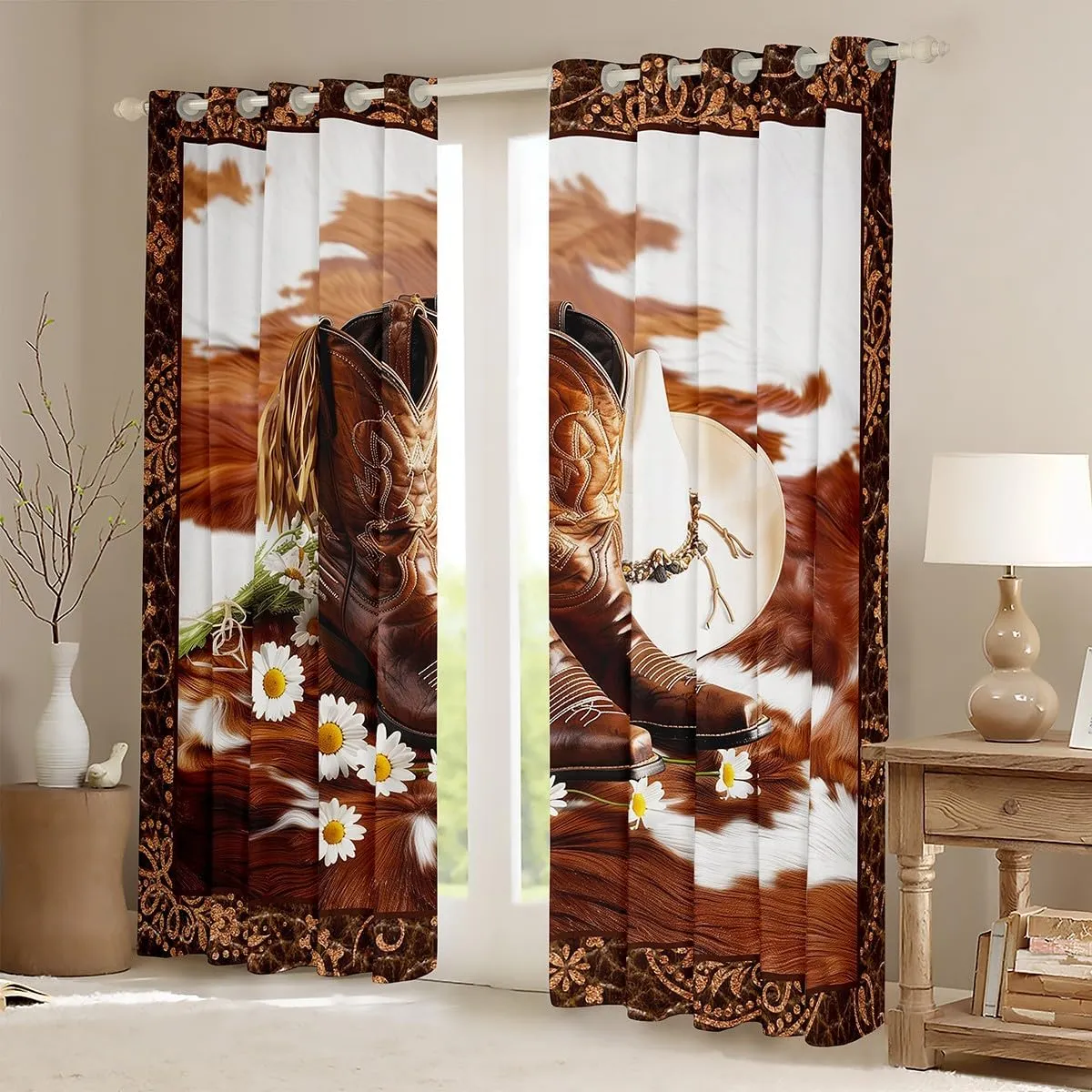 Manfei Western Cowboy Window Curtains Cowboy Boots Hat Window Treatments, Abstract Cowhide Print Window Drapes for Kids Boys Room Decor Grommet Top 2 Panel Set Bedroom Curtains, 52Wx84L inch