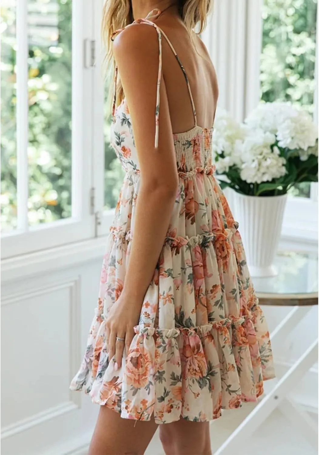 Mansy Womens 2025 Summer Floral Mini Dress Boho Flowy Skater Dresses Short Sleeveless Ruffle Spaghetti Strap Dress