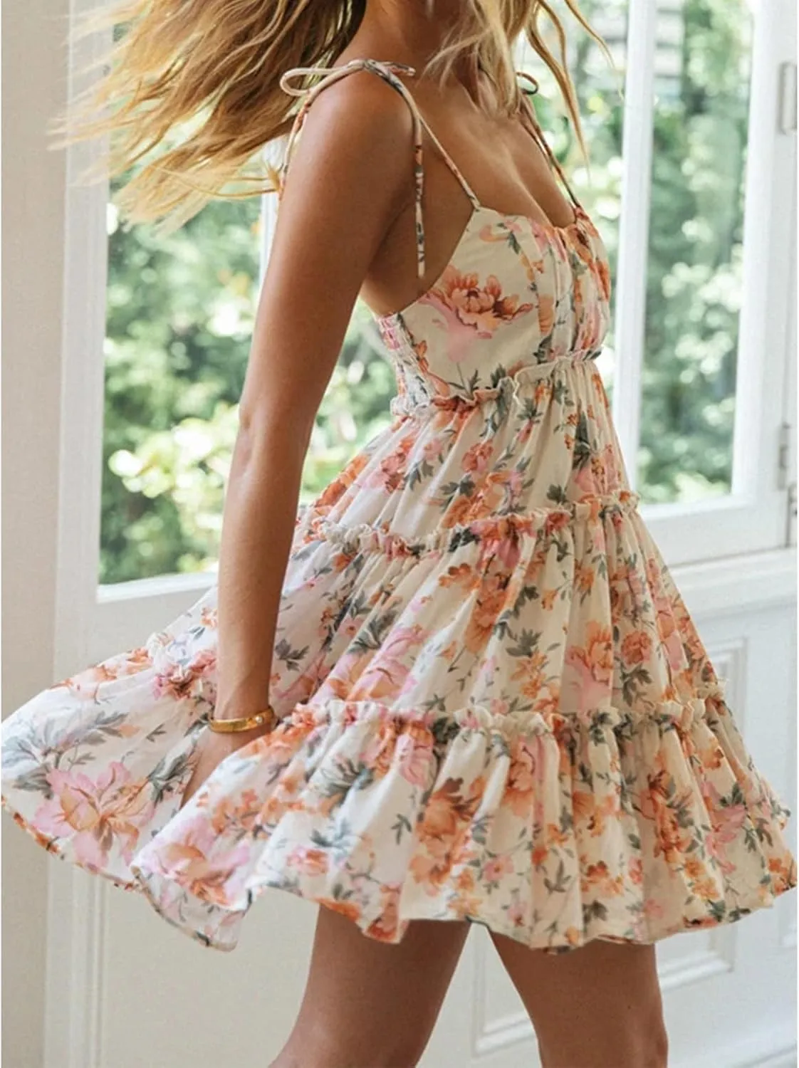Mansy Womens 2025 Summer Floral Mini Dress Boho Flowy Skater Dresses Short Sleeveless Ruffle Spaghetti Strap Dress
