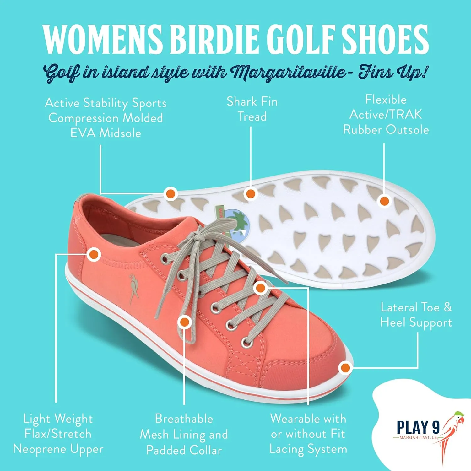 Margaritaville Golf Shoes, The Birdie, Spikeless Womens Golf Shoe, Ladies Golf Footwear with Rubber Toe Guard and Stability Heel Frame, Lace Up Athletic Shoe