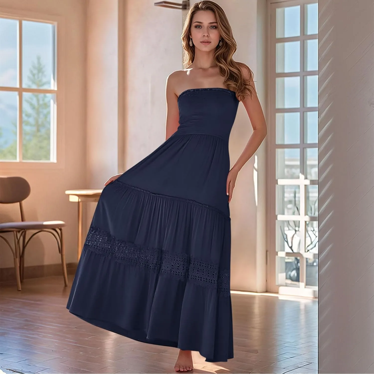 Maxi Dresses for Women 2025 Summer Boho Strapless Long Dresses Trendy Off Shoulder Smocked Lace Trim Maxi Dress 2025