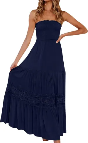 Maxi Dresses for Women 2025 Summer Boho Strapless Long Dresses Trendy Off Shoulder Smocked Lace Trim Maxi Dress 2025