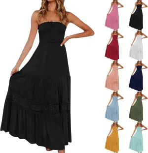 Maxi Dresses for Women 2025 Summer Boho Strapless Long Dresses Trendy Off Shoulder Smocked Lace Trim Maxi Dress 2025