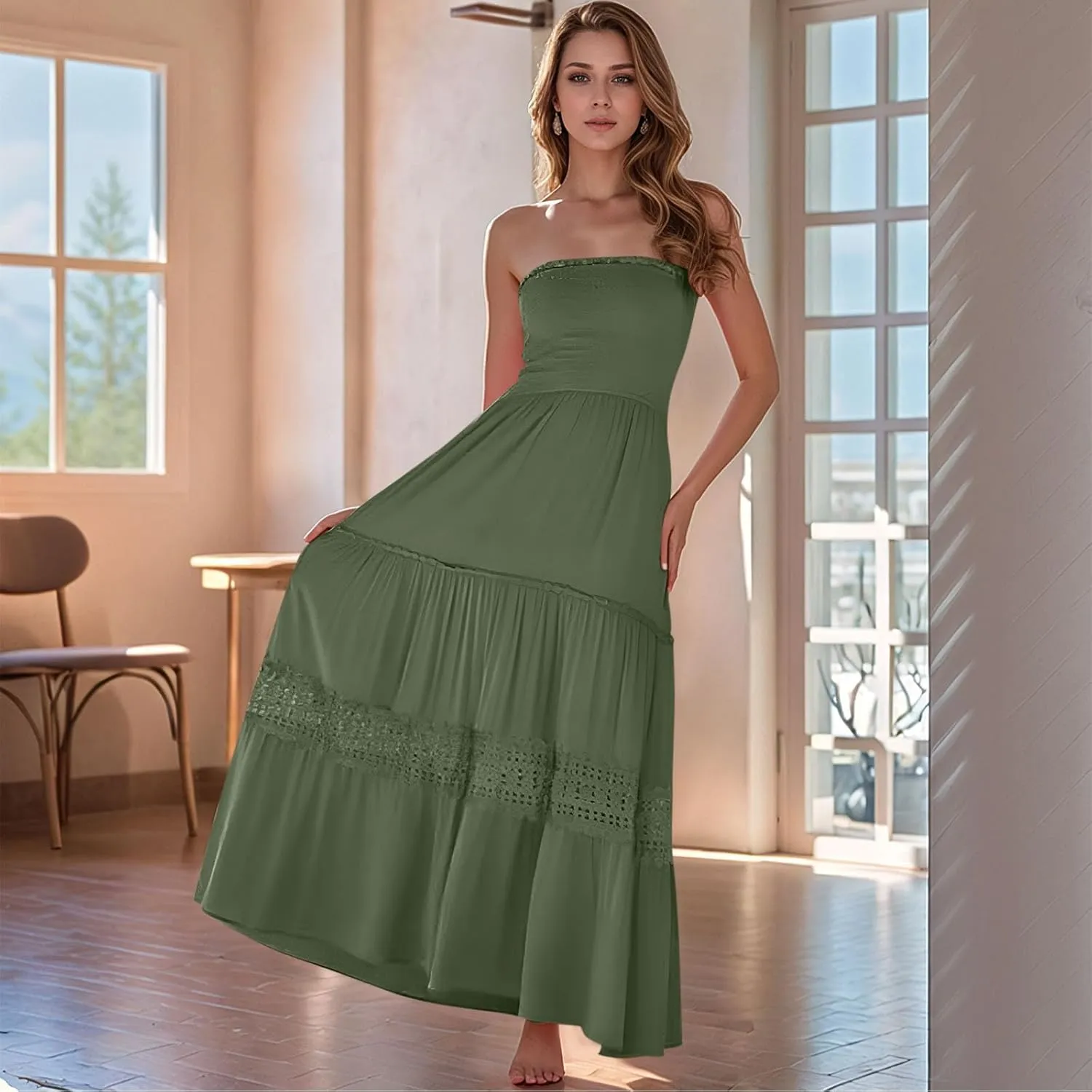 Maxi Dresses for Women 2025 Summer Boho Strapless Long Dresses Trendy Off Shoulder Smocked Lace Trim Maxi Dress 2025