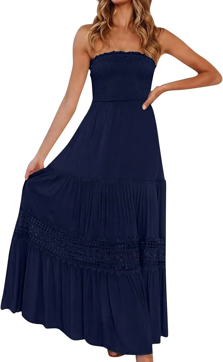 Maxi Dresses for Women 2025 Summer Boho Strapless Long Dresses Trendy Off Shoulder Smocked Lace Trim Maxi Dress 2025