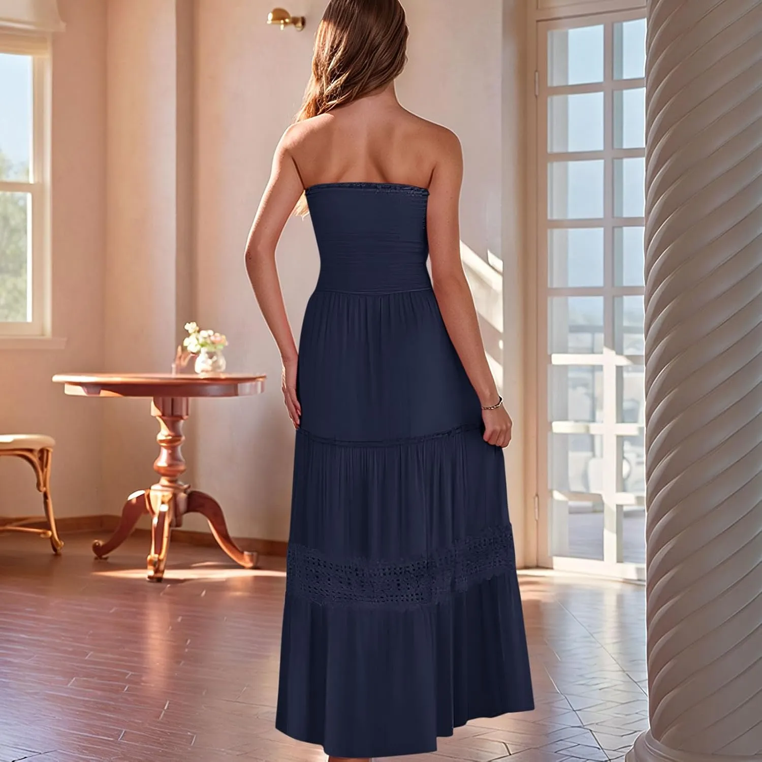Maxi Dresses for Women 2025 Summer Boho Strapless Long Dresses Trendy Off Shoulder Smocked Lace Trim Maxi Dress 2025