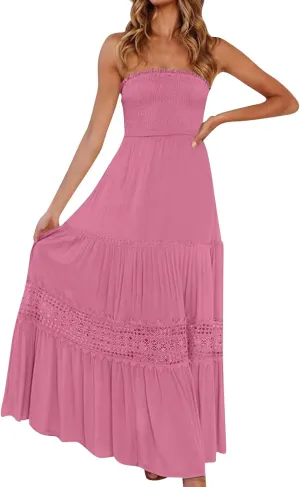 Maxi Dresses for Women 2025 Summer Boho Strapless Long Dresses Trendy Off Shoulder Smocked Lace Trim Maxi Dress 2025