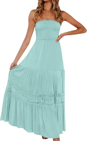Maxi Dresses for Women 2025 Summer Boho Strapless Long Dresses Trendy Off Shoulder Smocked Lace Trim Maxi Dress 2025