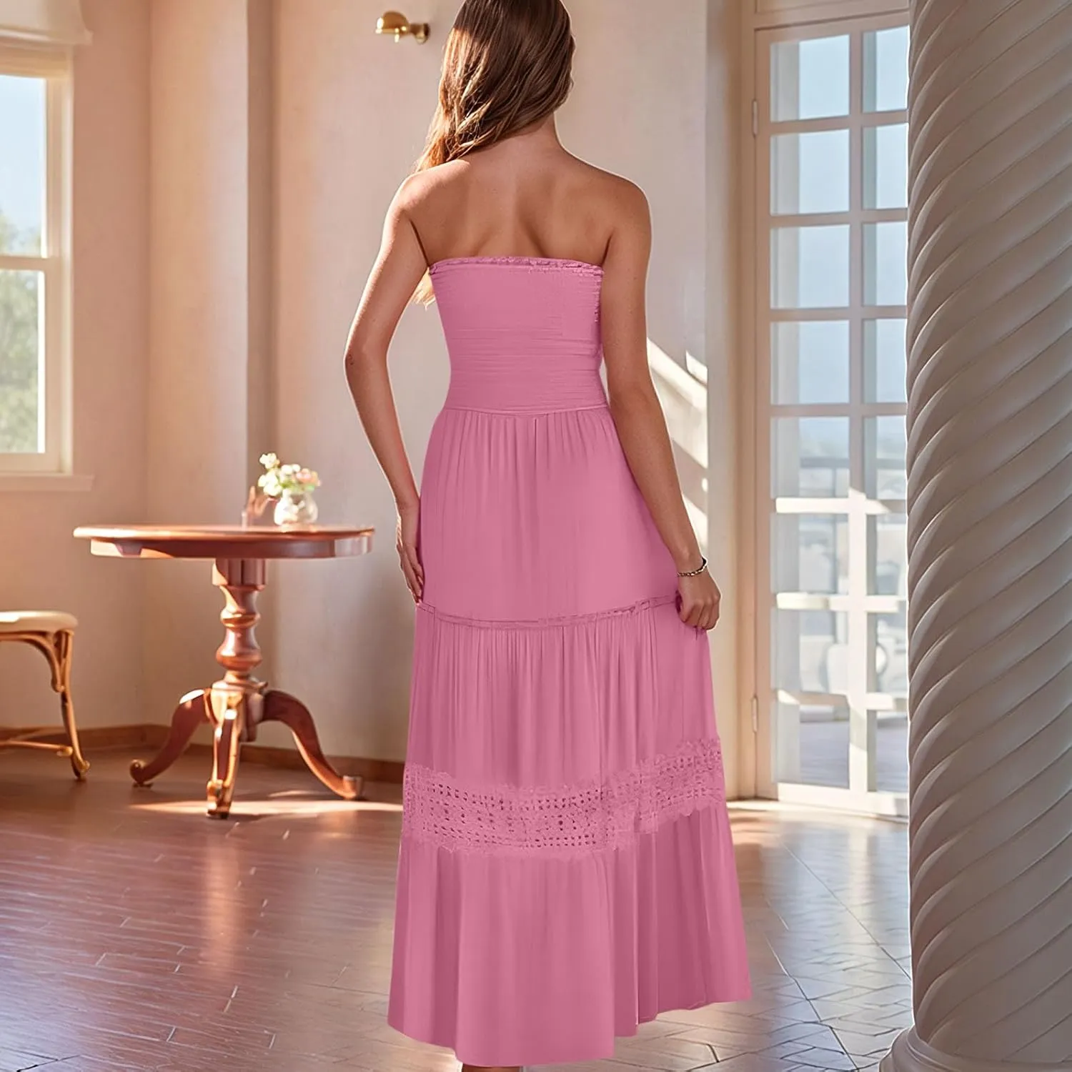 Maxi Dresses for Women 2025 Summer Boho Strapless Long Dresses Trendy Off Shoulder Smocked Lace Trim Maxi Dress 2025