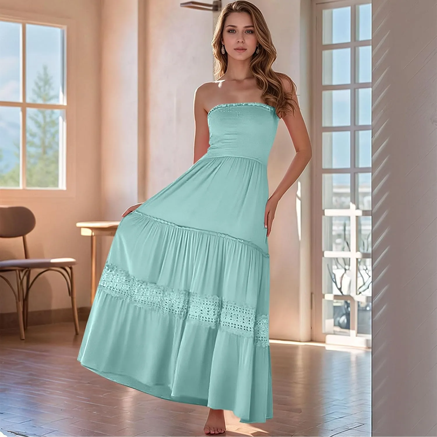 Maxi Dresses for Women 2025 Summer Boho Strapless Long Dresses Trendy Off Shoulder Smocked Lace Trim Maxi Dress 2025