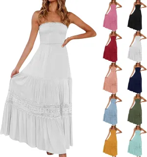 Maxi Dresses for Women 2025 Summer Boho Strapless Long Dresses Trendy Off Shoulder Smocked Lace Trim Maxi Dress 2025