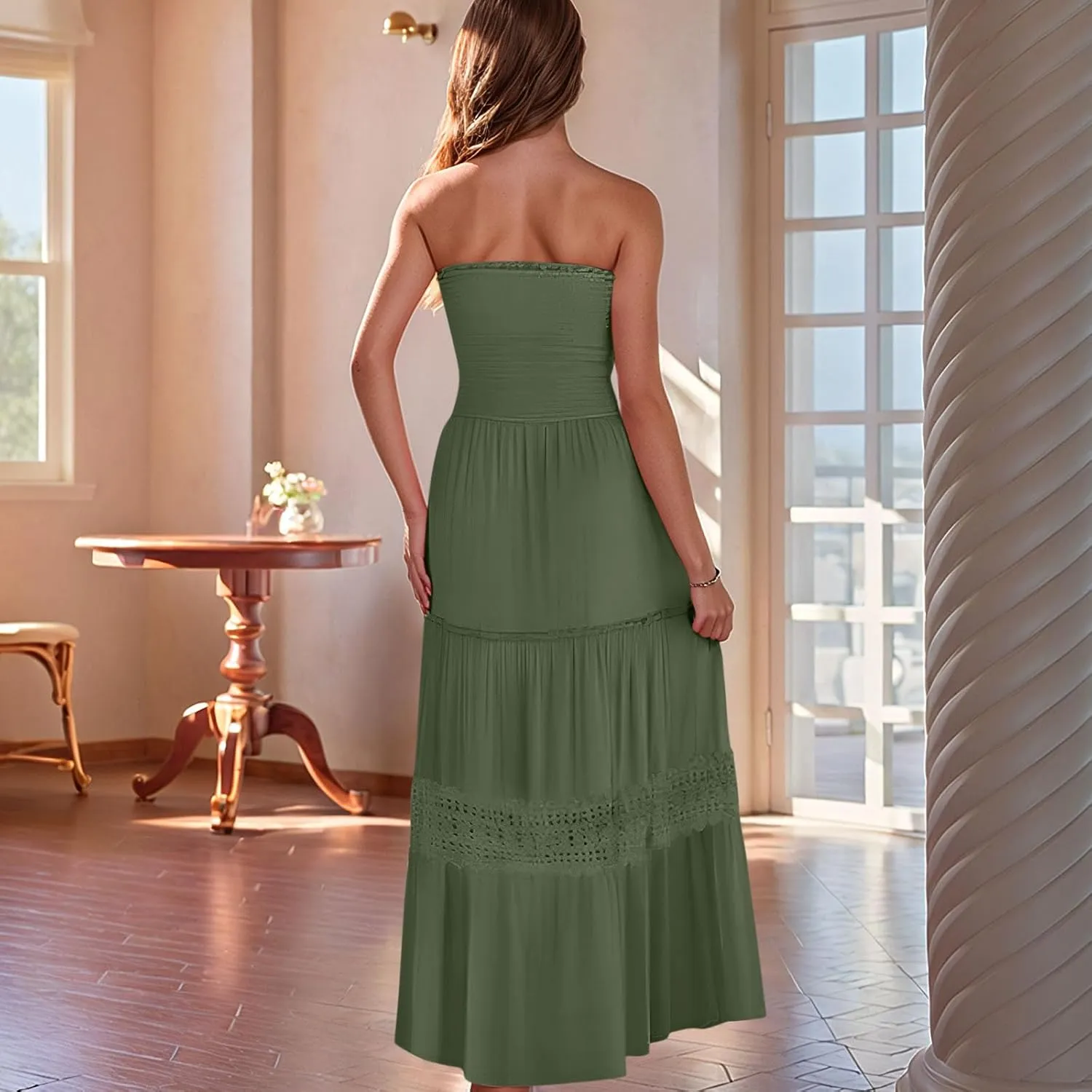 Maxi Dresses for Women 2025 Summer Boho Strapless Long Dresses Trendy Off Shoulder Smocked Lace Trim Maxi Dress 2025
