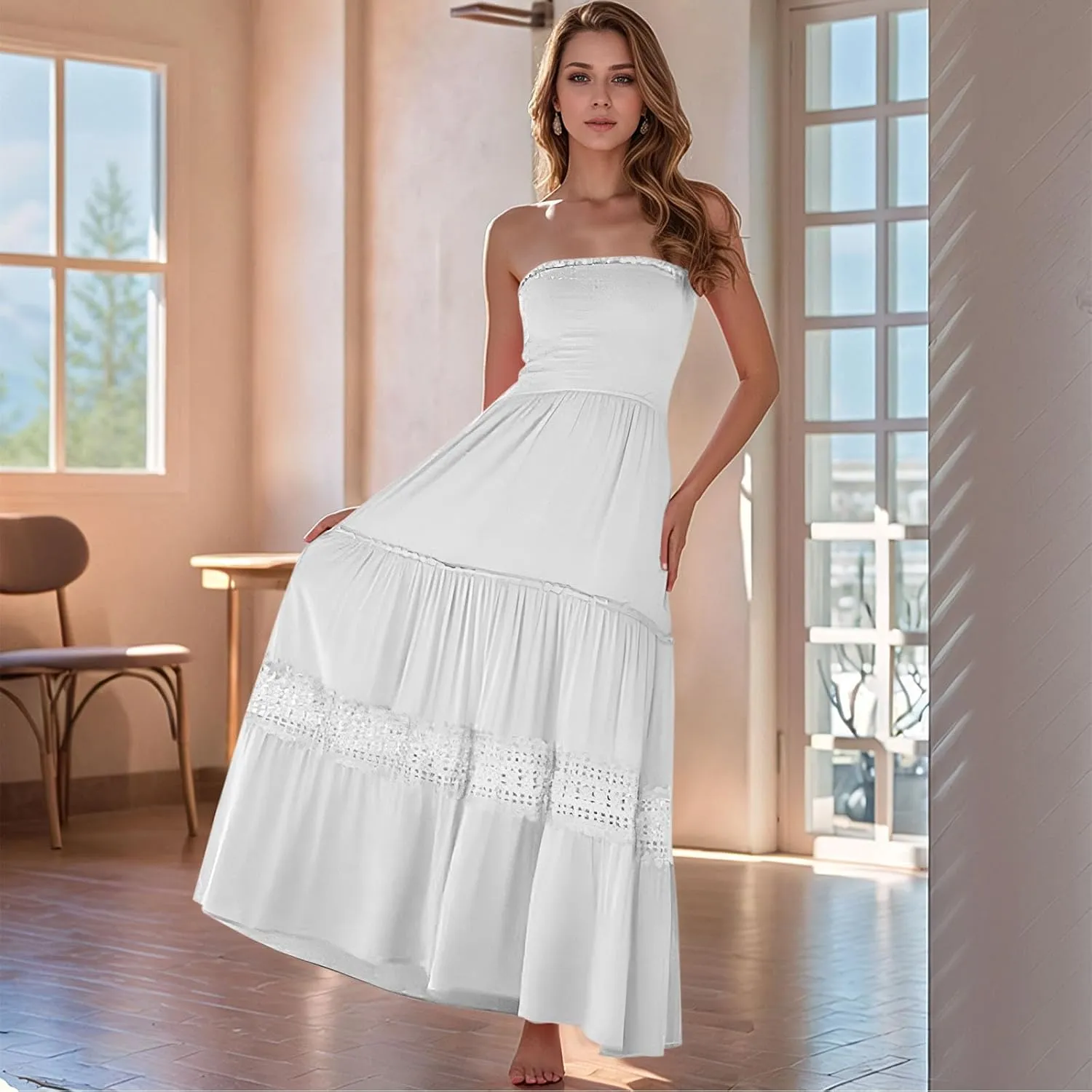 Maxi Dresses for Women 2025 Summer Boho Strapless Long Dresses Trendy Off Shoulder Smocked Lace Trim Maxi Dress 2025