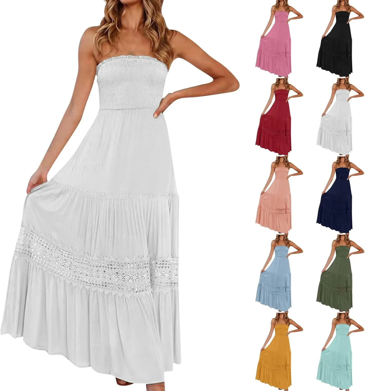 Maxi Dresses for Women 2025 Summer Boho Strapless Long Dresses Trendy Off Shoulder Smocked Lace Trim Maxi Dress 2025