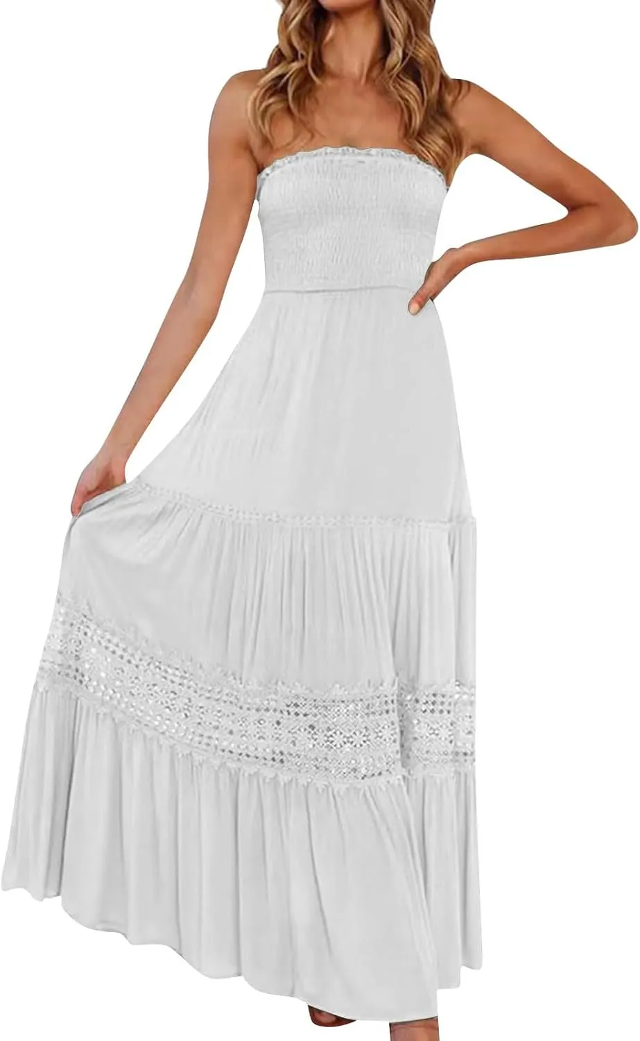 Maxi Dresses for Women 2025 Summer Boho Strapless Long Dresses Trendy Off Shoulder Smocked Lace Trim Maxi Dress 2025