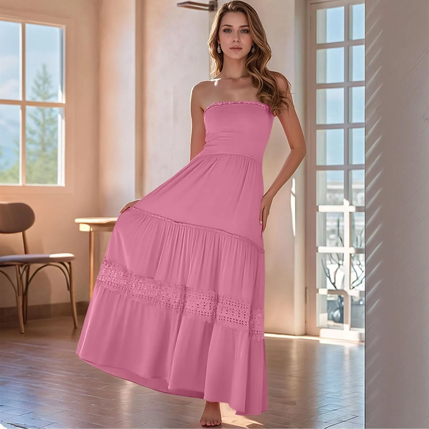 Maxi Dresses for Women 2025 Summer Boho Strapless Long Dresses Trendy Off Shoulder Smocked Lace Trim Maxi Dress 2025