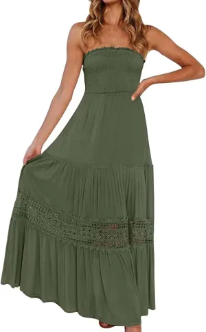 Maxi Dresses for Women 2025 Summer Boho Strapless Long Dresses Trendy Off Shoulder Smocked Lace Trim Maxi Dress 2025