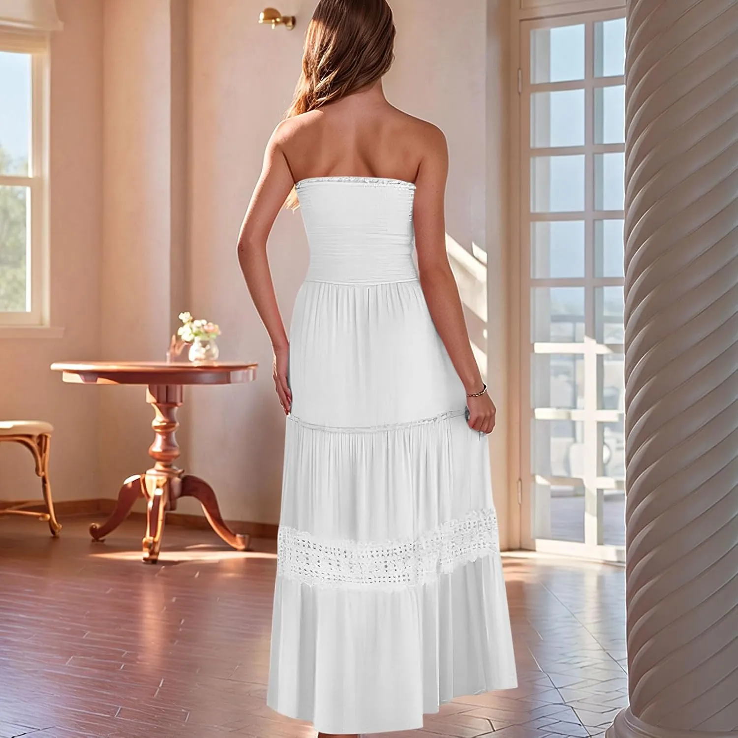 Maxi Dresses for Women 2025 Summer Boho Strapless Long Dresses Trendy Off Shoulder Smocked Lace Trim Maxi Dress 2025