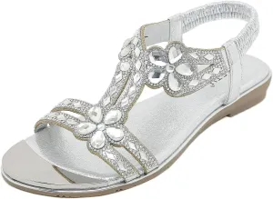 Meeshine Women's Ankle Strap Rhinestone Flat Sandals Casual Flower Beaded Bohemian Comfortable Beach Dressy Shoes