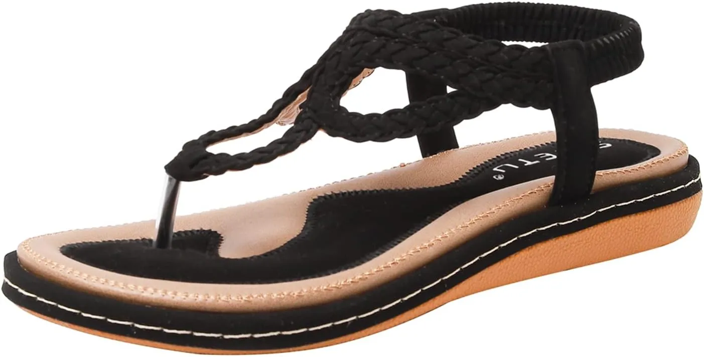 Meeshine Women's Bohemia Flip Flops Summer Beach T-Strap Flat Sandals Comfort Walking Shoes
