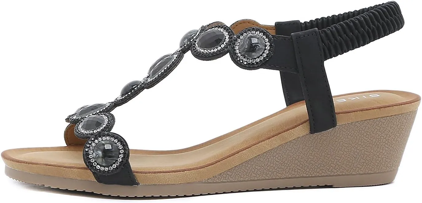 Meeshine Women's Wedge Sandals Summer Comfortable Casual Bohemian Beach Rhinestone Platform Shoes