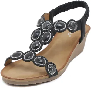 Meeshine Women's Wedge Sandals Summer Comfortable Casual Bohemian Beach Rhinestone Platform Shoes