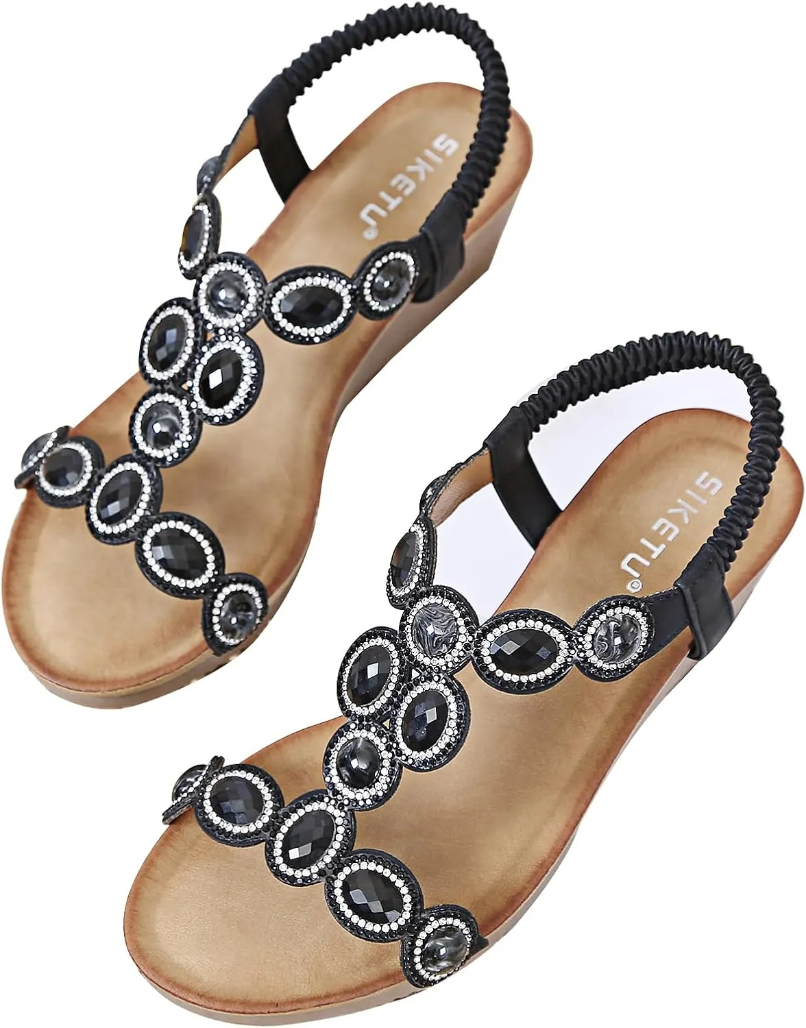 Meeshine Women's Wedge Sandals Summer Comfortable Casual Bohemian Beach Rhinestone Platform Shoes