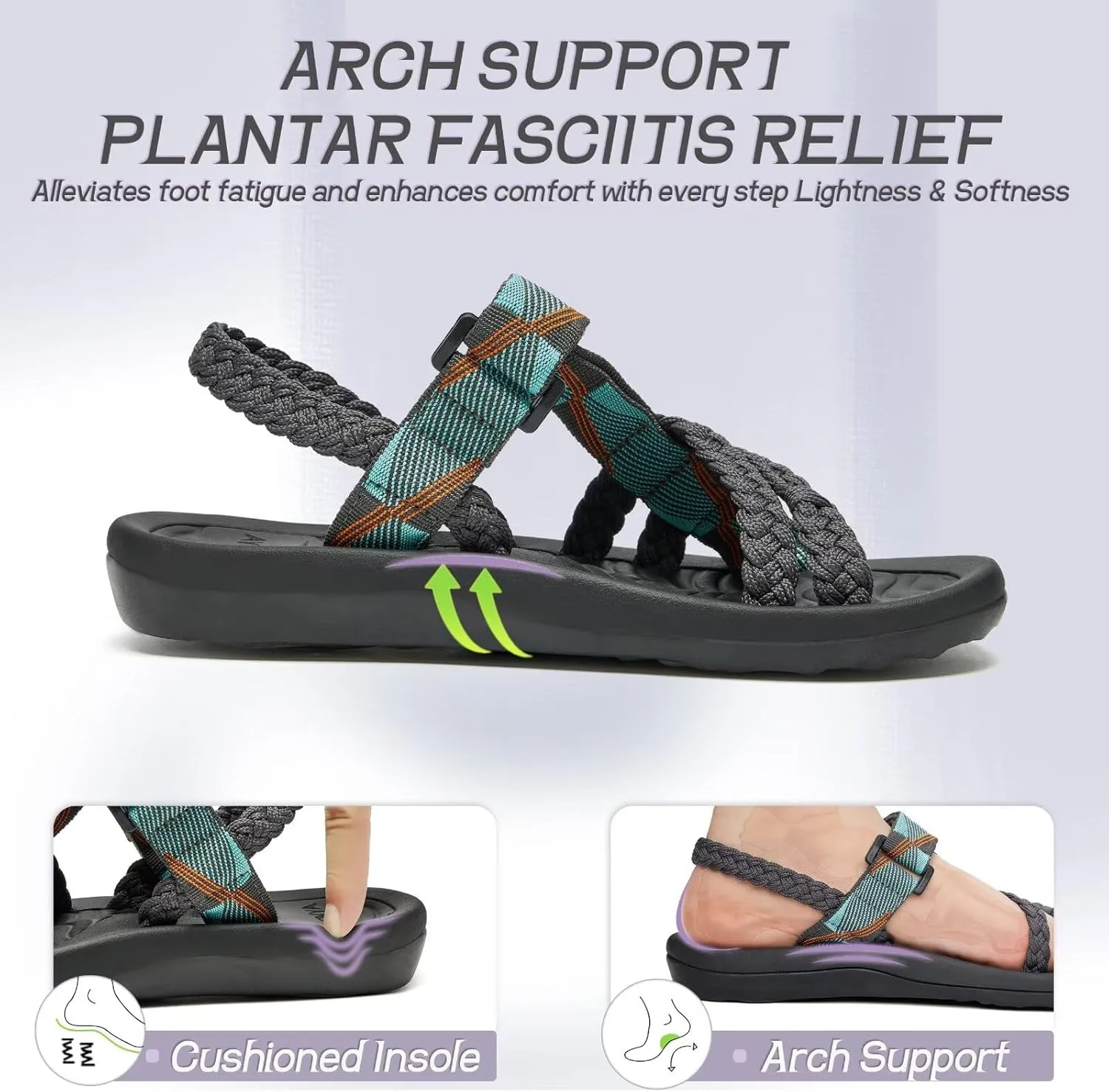 MEGNYA Comfortable Womens Hiking Sandals, Flip Flop Walking Sandals with Arch Support, Athletic Sandals with Hook and Loop Straps for Beach Vacation Adventure