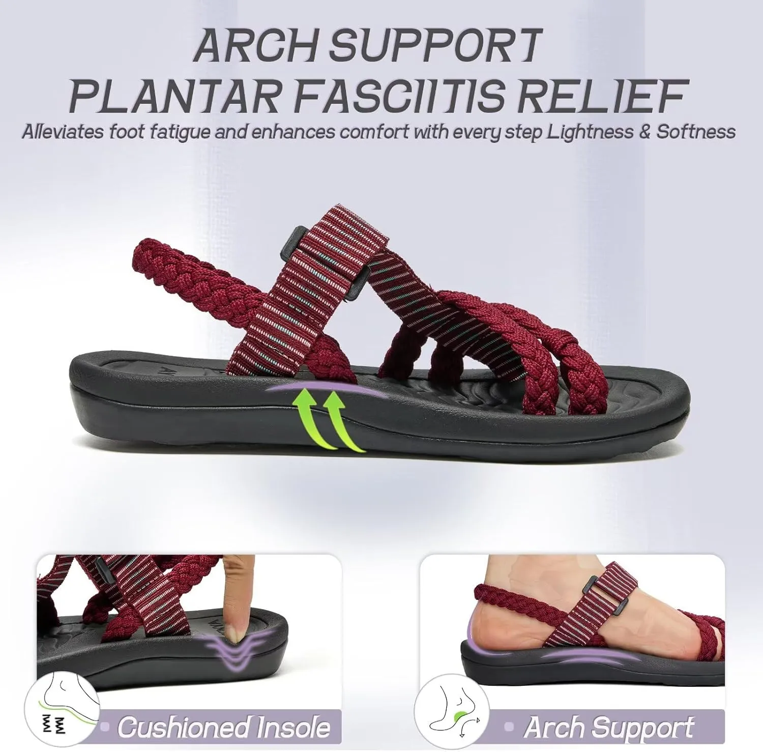 MEGNYA Comfortable Womens Hiking Sandals, Flip Flop Walking Sandals with Arch Support, Athletic Sandals with Hook and Loop Straps for Beach Vacation Adventure