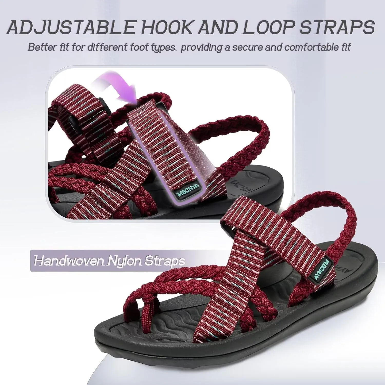 MEGNYA Comfortable Womens Hiking Sandals, Flip Flop Walking Sandals with Arch Support, Athletic Sandals with Hook and Loop Straps for Beach Vacation Adventure