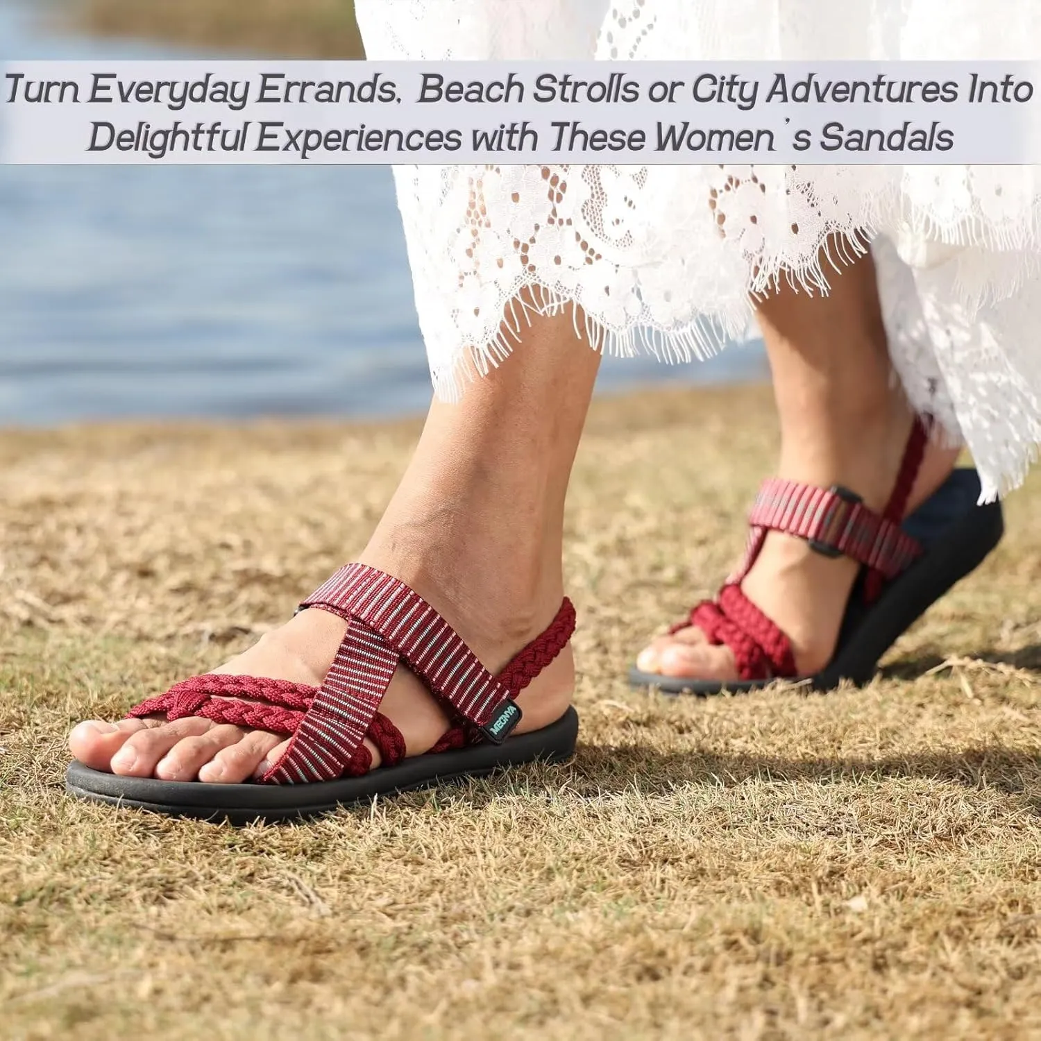 MEGNYA Comfortable Womens Hiking Sandals, Flip Flop Walking Sandals with Arch Support, Athletic Sandals with Hook and Loop Straps for Beach Vacation Adventure