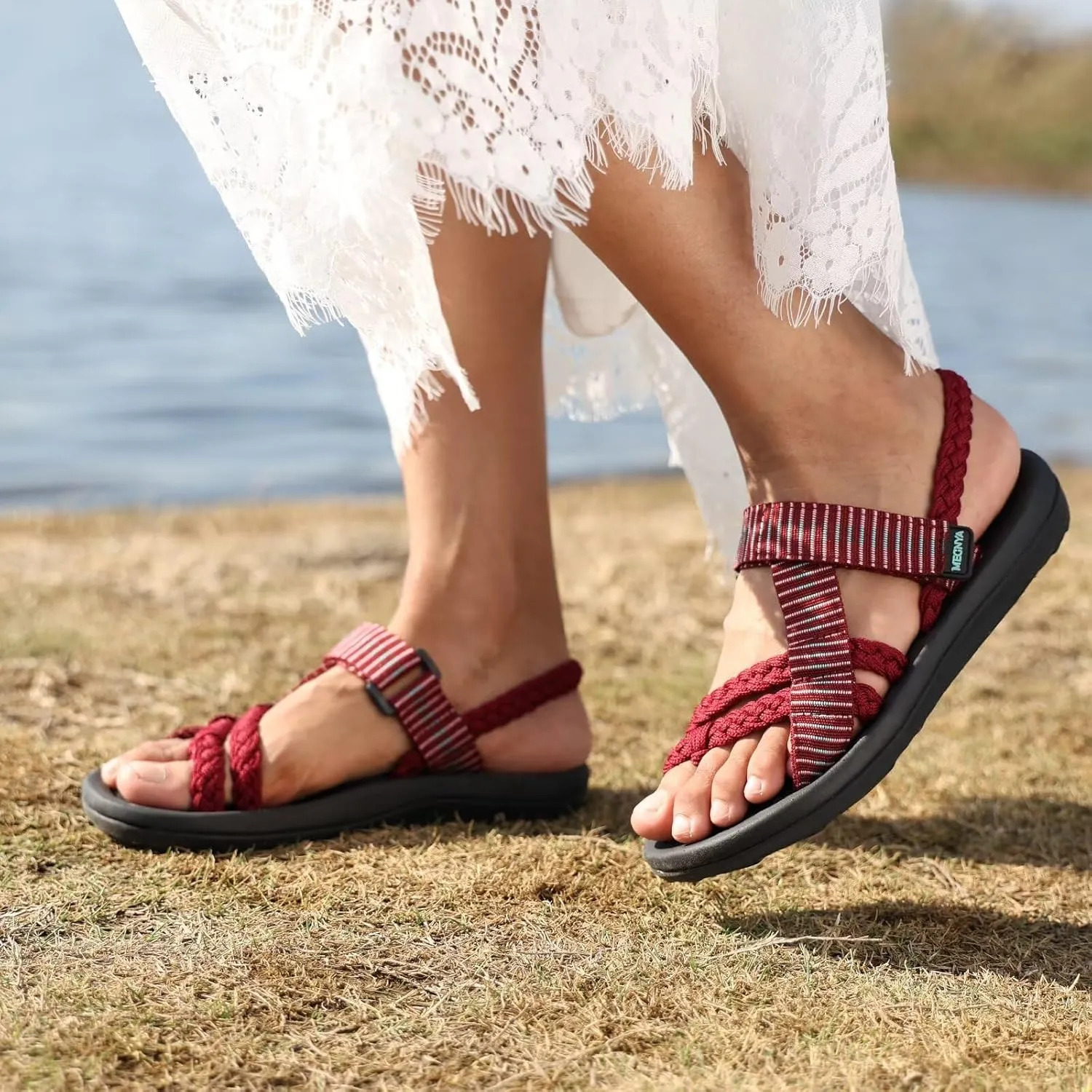 MEGNYA Comfortable Womens Hiking Sandals, Flip Flop Walking Sandals with Arch Support, Athletic Sandals with Hook and Loop Straps for Beach Vacation Adventure
