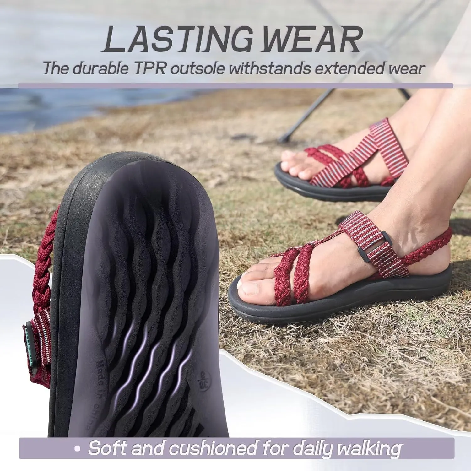 MEGNYA Comfortable Womens Hiking Sandals, Flip Flop Walking Sandals with Arch Support, Athletic Sandals with Hook and Loop Straps for Beach Vacation Adventure