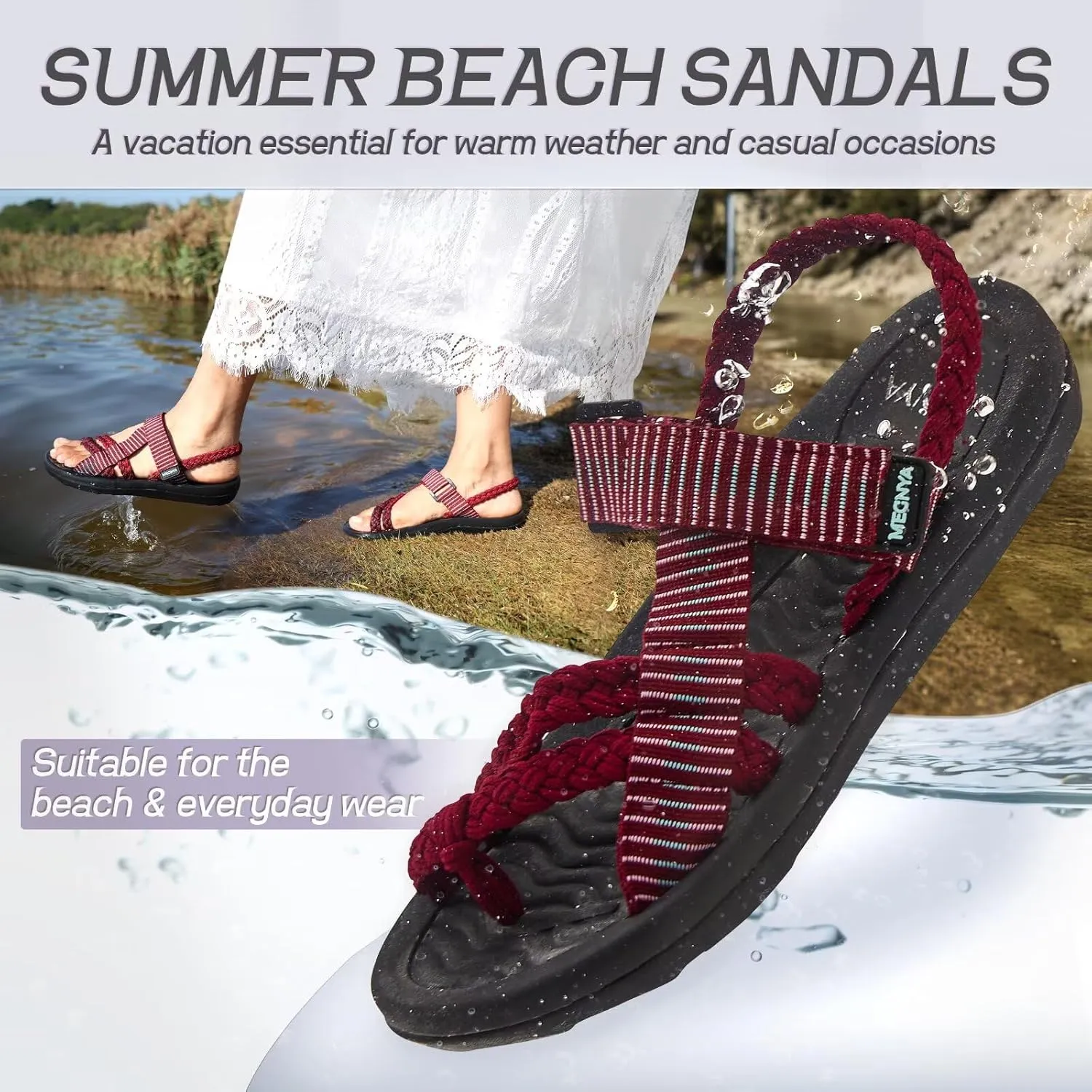 MEGNYA Comfortable Womens Hiking Sandals, Flip Flop Walking Sandals with Arch Support, Athletic Sandals with Hook and Loop Straps for Beach Vacation Adventure