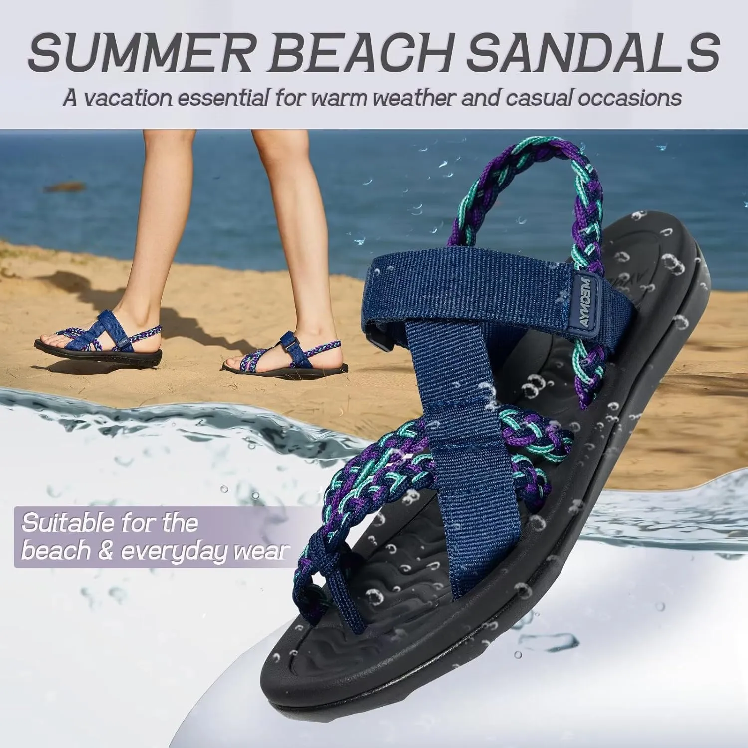 MEGNYA Hiking Sandals for Womens, Comfortable Walking Flip Flop Sandals with Arch Support, Athletic Sandals with Hook and Loop Straps for Beach Vacation Adventure
