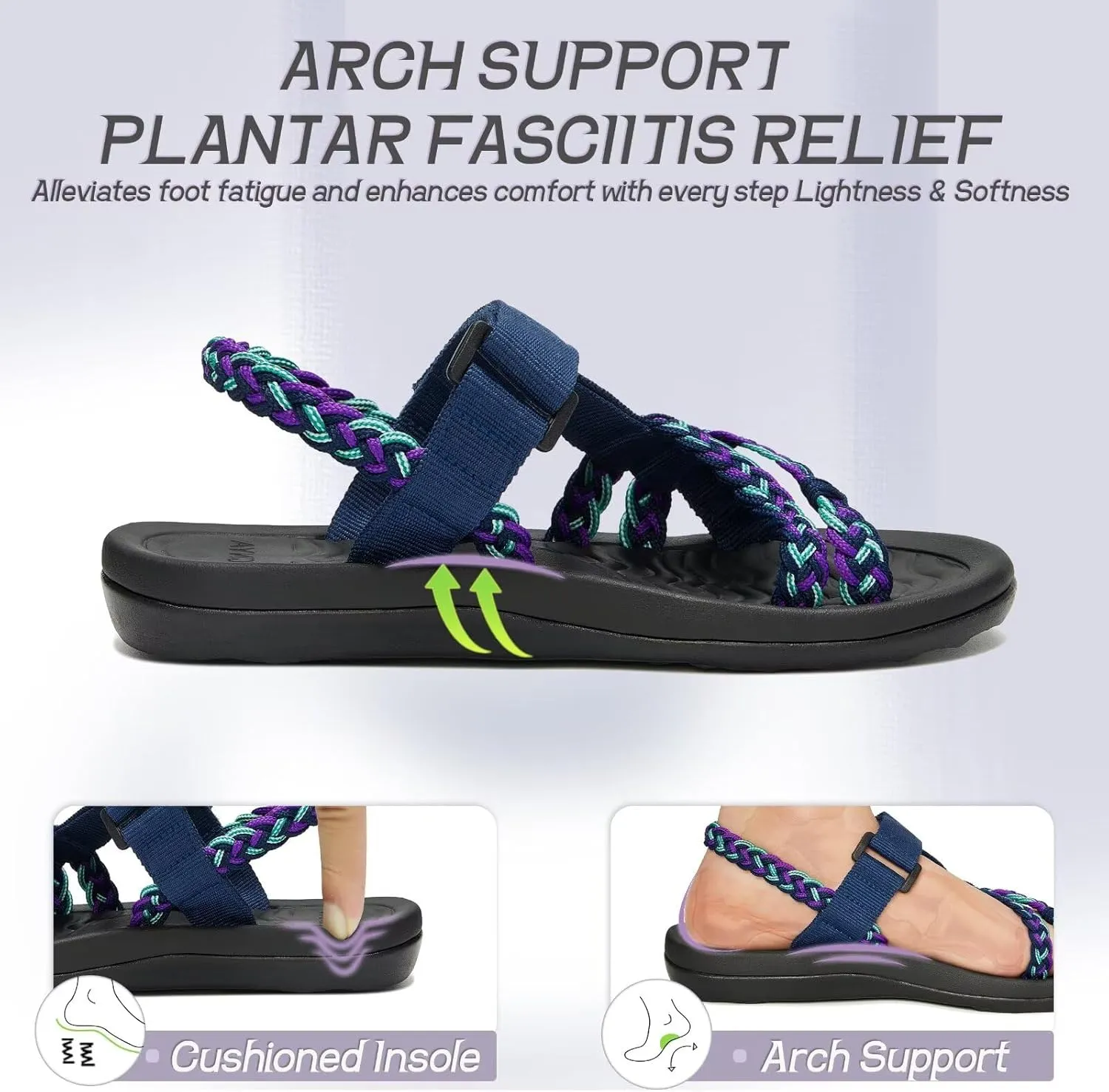 MEGNYA Hiking Sandals for Womens, Comfortable Walking Flip Flop Sandals with Arch Support, Athletic Sandals with Hook and Loop Straps for Beach Vacation Adventure