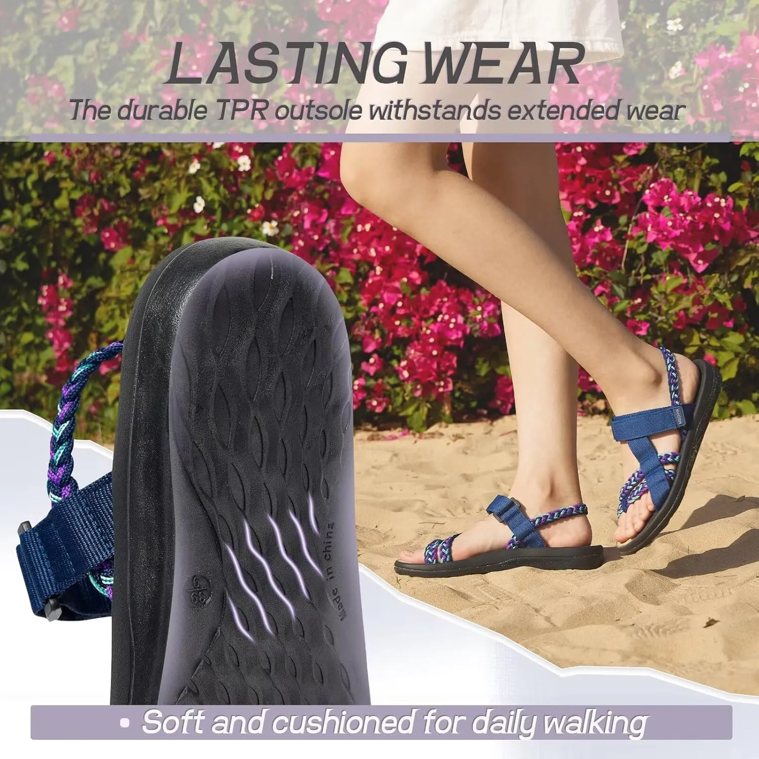 MEGNYA Hiking Sandals for Womens, Comfortable Walking Flip Flop Sandals with Arch Support, Athletic Sandals with Hook and Loop Straps for Beach Vacation Adventure