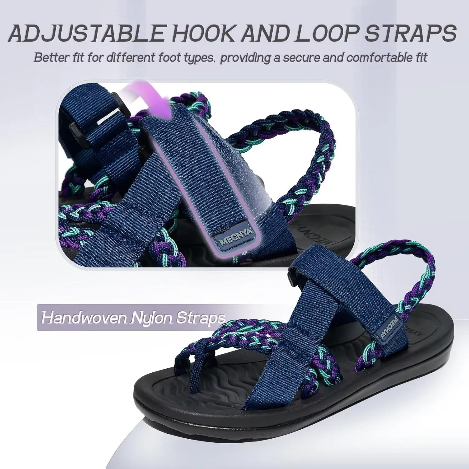 MEGNYA Hiking Sandals for Womens, Comfortable Walking Flip Flop Sandals with Arch Support, Athletic Sandals with Hook and Loop Straps for Beach Vacation Adventure