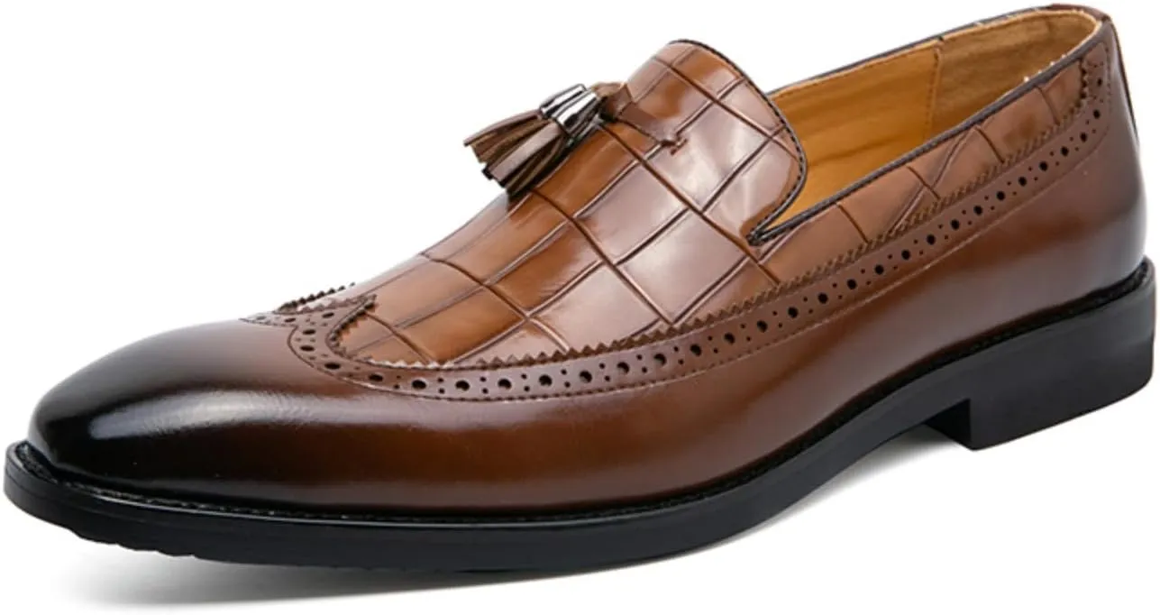 Men Loafer Dress Shoes Multicolor Brogues with Tassels Patchwork Two Tone Color Matching Punched Toe Men's Loafers & Slip-Ons Penny Brown Black