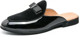 Men's Bowtie Patent Leather Slip-On Mules Slippers,Flats Stylish Formal Backless Loafers Work Slides Casual Half Loafers Sandals