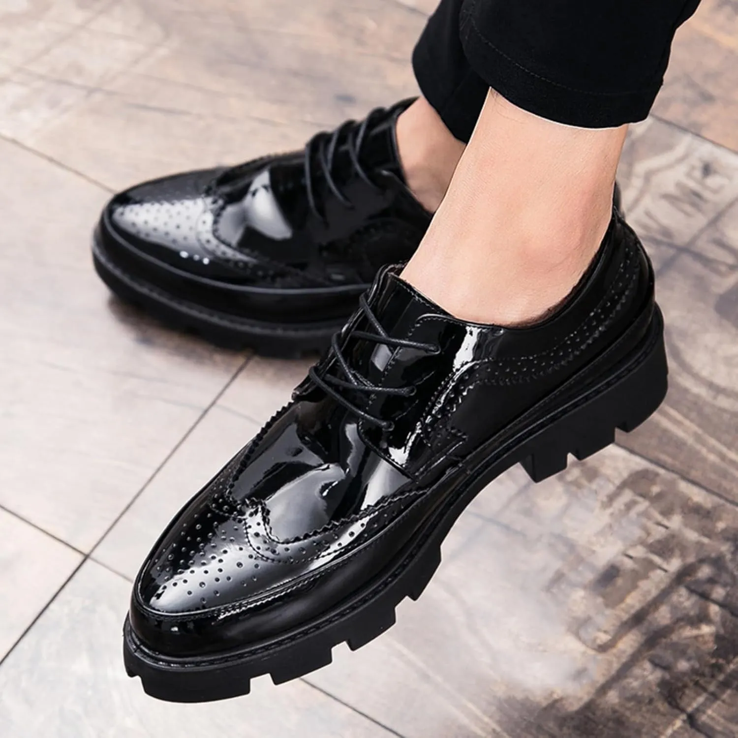 Mens Brogue Wingtip Patent Leather Chunky Heels Dress Oxfords Shoes Black Round Toe Lug Sole Tuxedo Loafers Business Formal Church Wedding Shoes