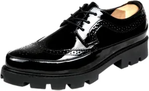 Mens Brogue Wingtip Patent Leather Chunky Heels Dress Oxfords Shoes Black Round Toe Lug Sole Tuxedo Loafers Business Formal Church Wedding Shoes