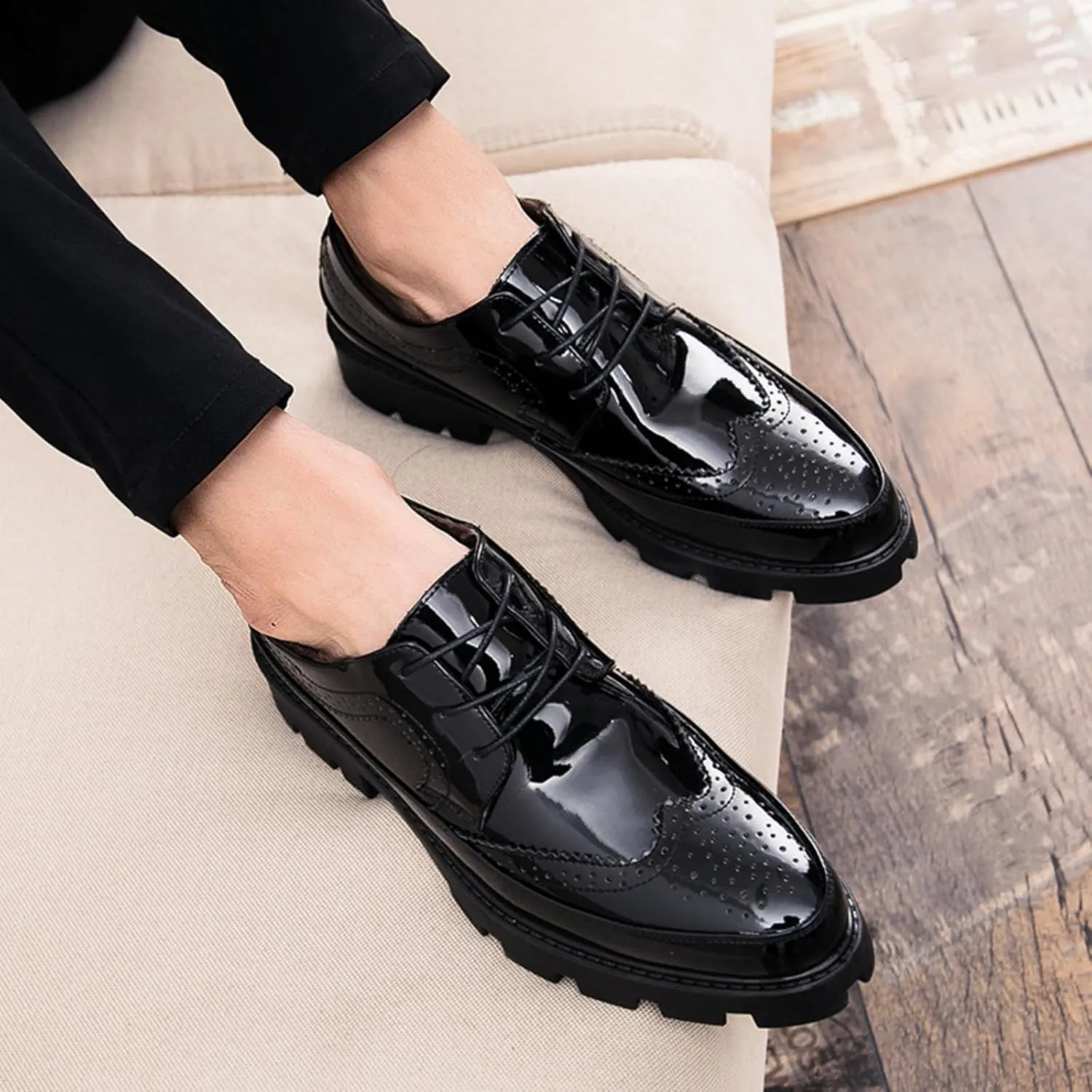 Mens Brogue Wingtip Patent Leather Chunky Heels Dress Oxfords Shoes Black Round Toe Lug Sole Tuxedo Loafers Business Formal Church Wedding Shoes