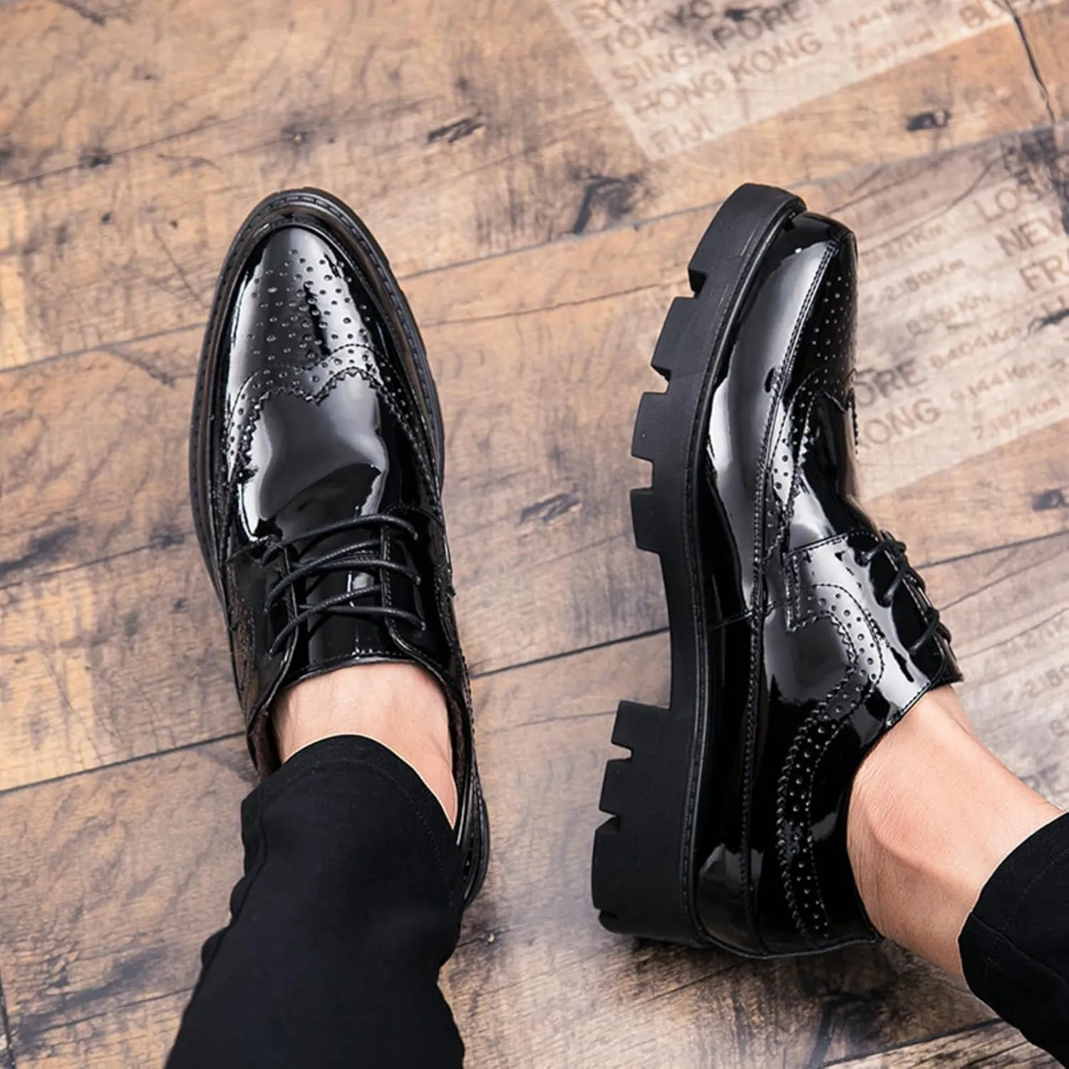 Mens Brogue Wingtip Patent Leather Chunky Heels Dress Oxfords Shoes Black Round Toe Lug Sole Tuxedo Loafers Business Formal Church Wedding Shoes