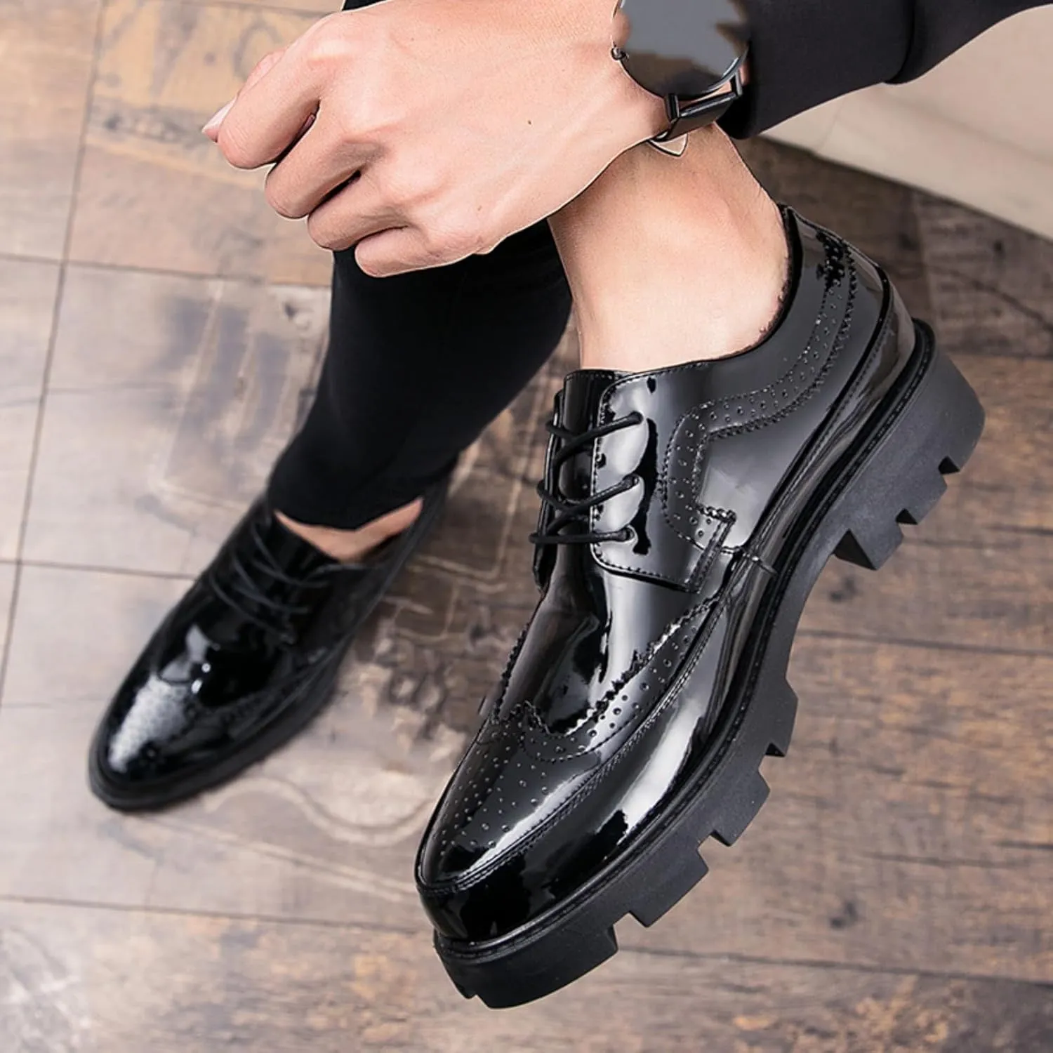 Mens Brogue Wingtip Patent Leather Chunky Heels Dress Oxfords Shoes Black Round Toe Lug Sole Tuxedo Loafers Business Formal Church Wedding Shoes