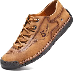 Mens Casual Shoes Summer Breathable Sneakers Loafers Walking Shoes Hand Made Lace-Up Leather Dress Flats Shoes for Driving Business Working Office