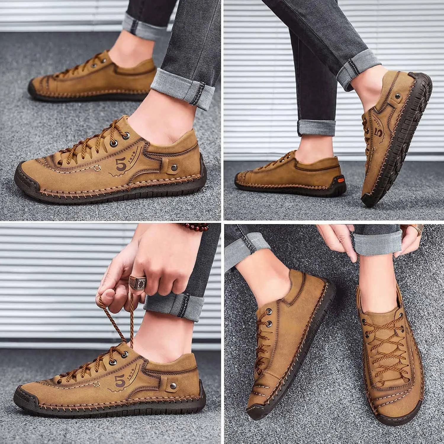 Mens Casual Shoes Summer Breathable Sneakers Loafers Walking Shoes Hand Made Lace-Up Leather Dress Flats Shoes for Driving Business Working Office
