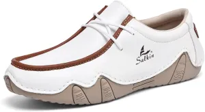 Mens Classic Leather Slip-On Loafers Casual Round Toe Lightweight Soft Non Slip Walking Boat Shoes for Driving Daily Hiking (Blue,9.5)