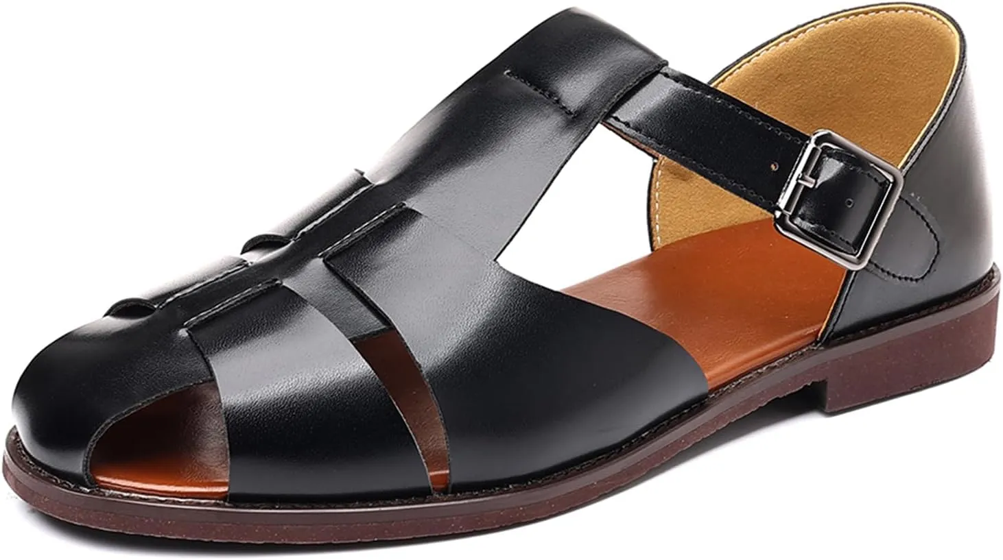 Men's Closed-Toe Flat Fisherman Sandals Lightweight Non-Slip Adjustable Hook & Loop Leather Wading Sandals for Summer Beach Casual Daily Wear